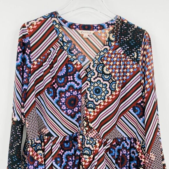 Nanette Lepore Size Medium Floral Striped Boho Bell Sleeve Peplum Blouse Top - Picture 2 of 7